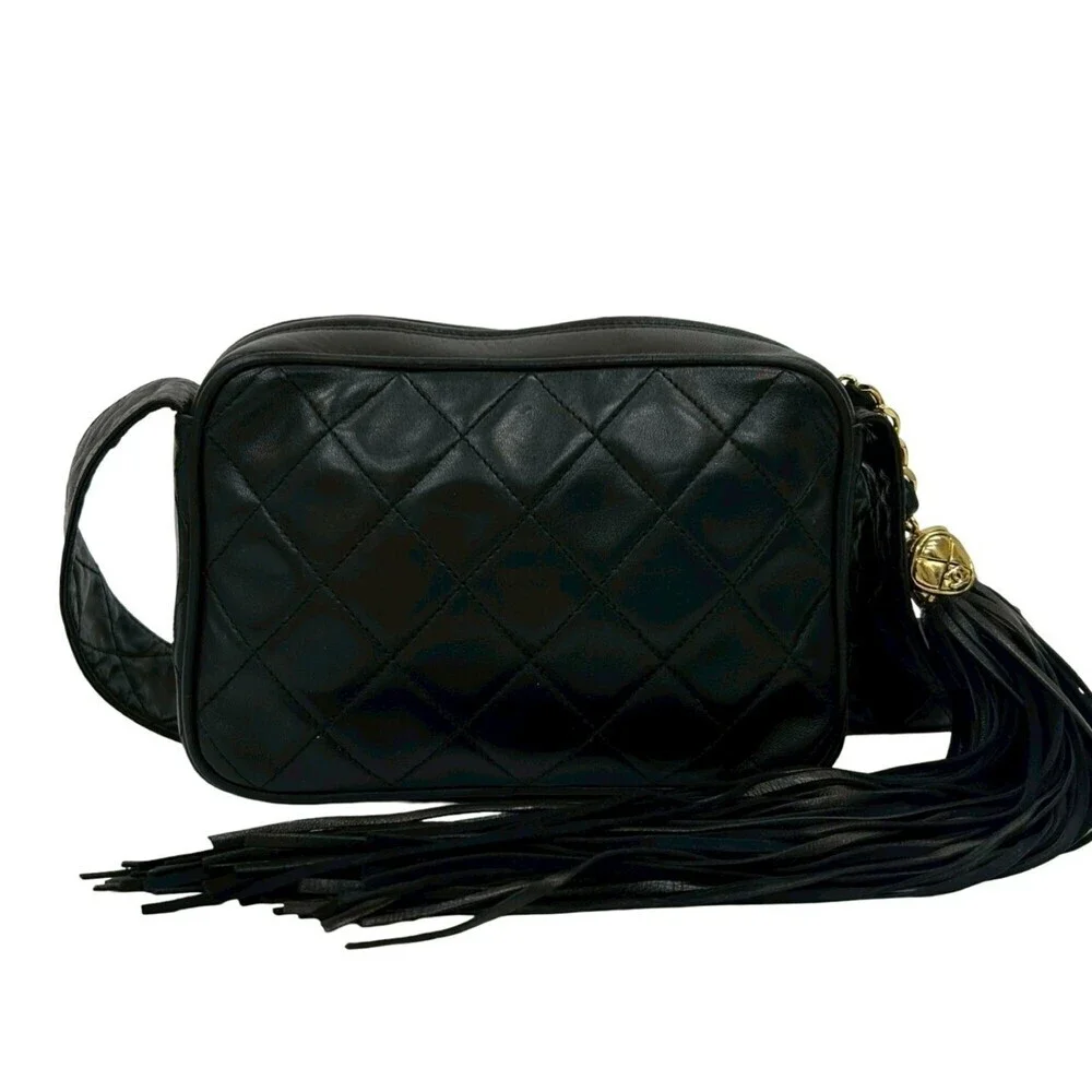 CHANEL Black Lambskin Leather Logo Shoulder Bag